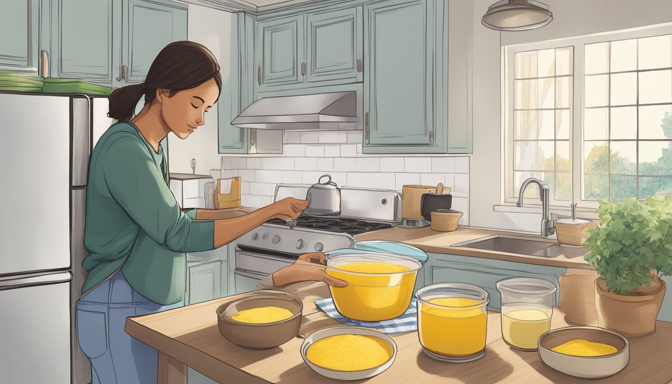 A person standing in a kitchen, stirring a pot of polenta on the stove while checking the expiration date on the package