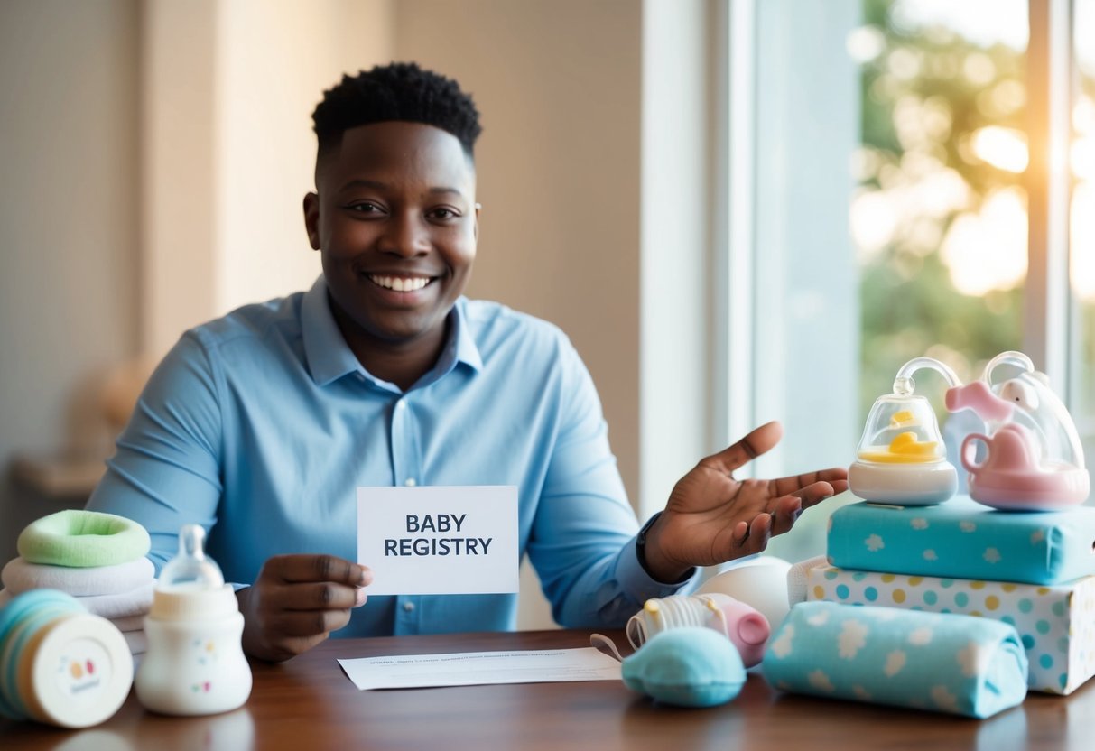 A smiling person holds a baby registry card, gesturing towards a variety of baby items displayed neatly on a table