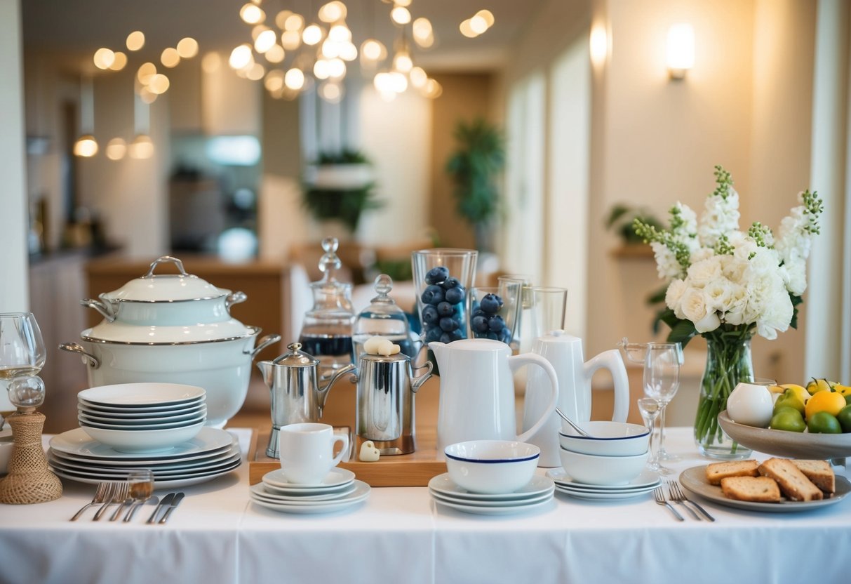 A table with various household items, from kitchenware to linens, displayed for a wedding registry