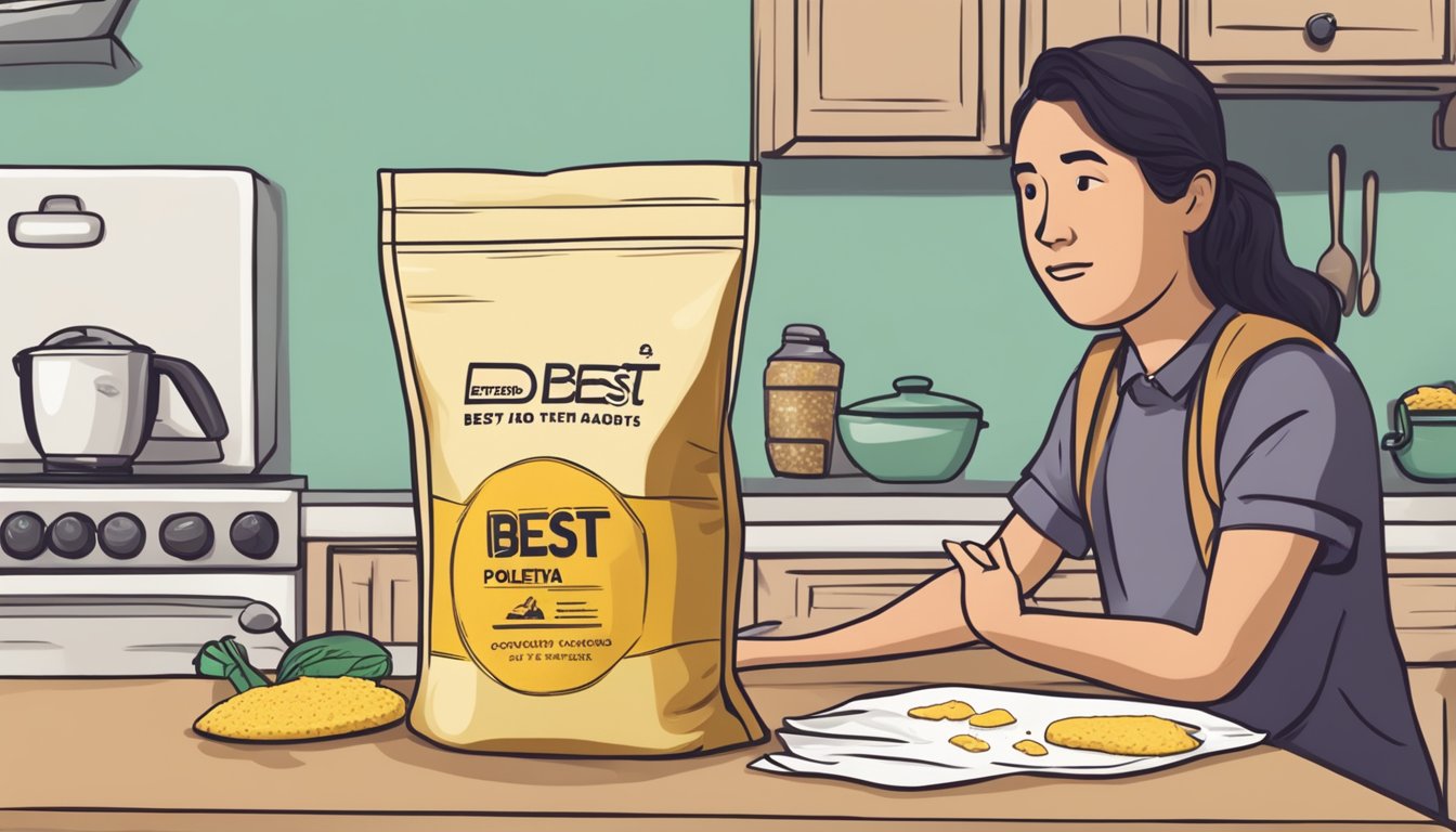 A bag of expired polenta with a "best by" date passed, sitting on a kitchen counter next to a confused person