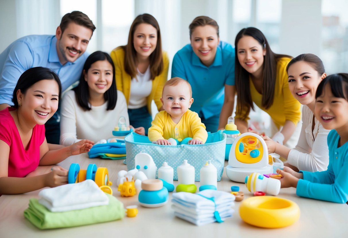 A table with baby items neatly arranged, surrounded by happy faces offering to help