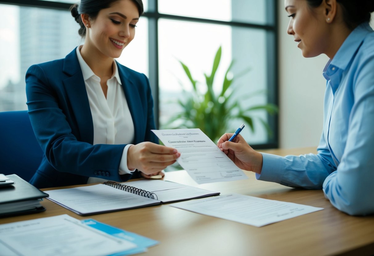 A person completing paperwork at a government office, handing over a marriage certificate and filling out a form with a new name