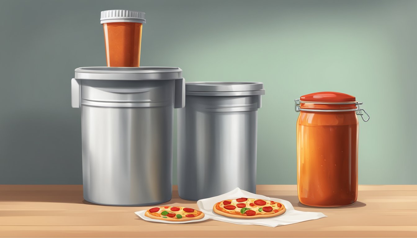 A jar of expired pizza sauce being discarded into a trash bin, while a fresh jar of pizza sauce is neatly stored in a refrigerator