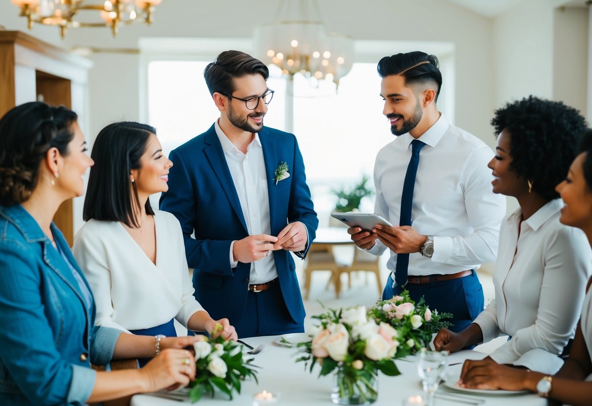 A couple discussing wedding registry options with friends and family