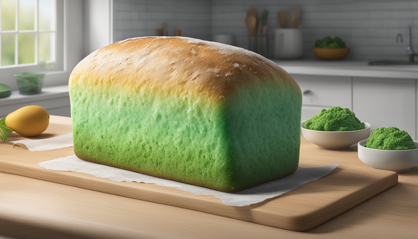 A loaf of Oroweat bread covered in green and white mold, sitting on a kitchen counter near a window with condensation