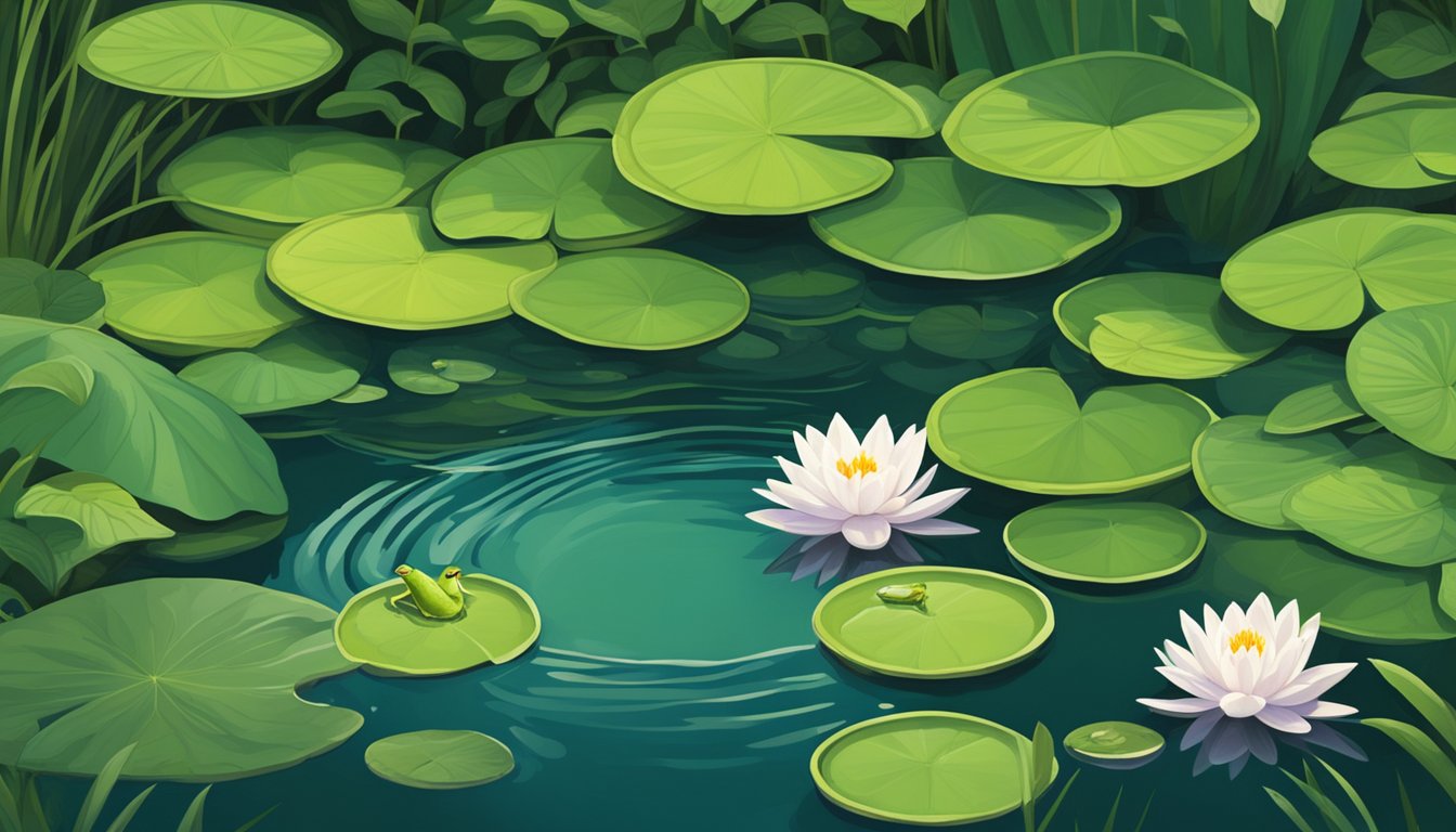 A serene pond with lily pads floating on the water's surface, surrounded by lush green foliage and the occasional frog perched on a pad