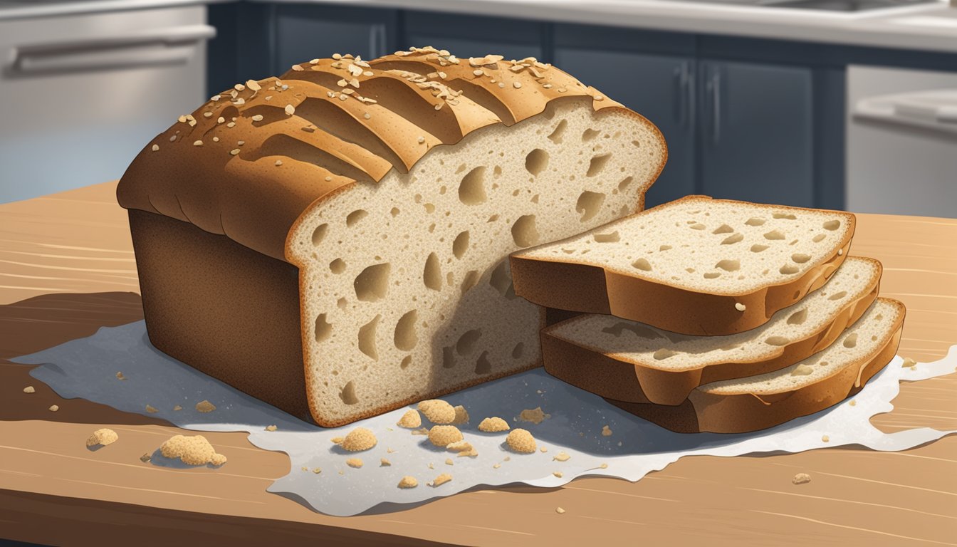 A loaf of moldy Oroweat bread sits on a kitchen counter, surrounded by crumbs and a few slices missing