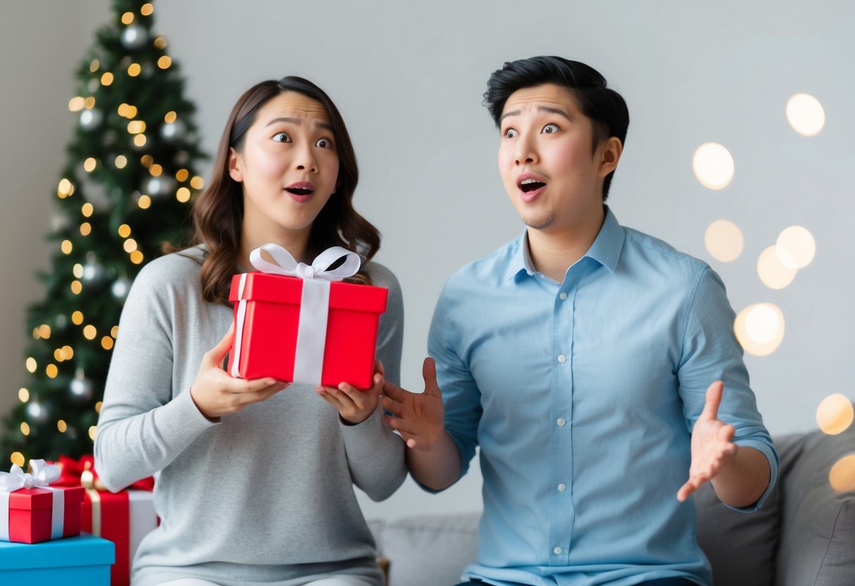 A person receiving a gift not on their registry, looking surprised and unsure how to react