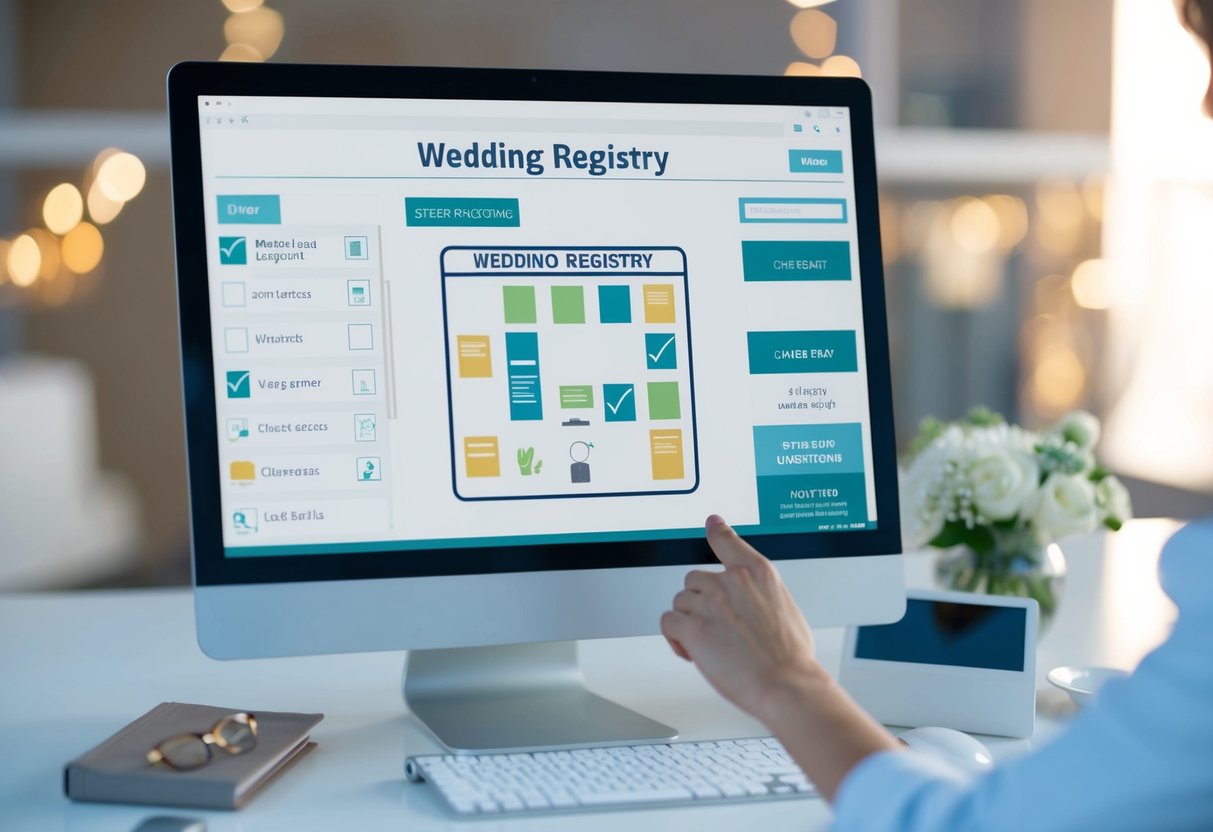 A computer screen displaying a wedding registry with items being checked off and updated in real-time