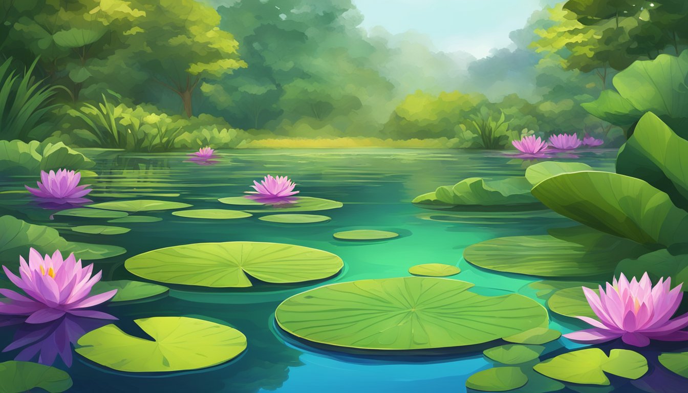 A serene pond with vibrant green lily pads floating on the water's surface, surrounded by lush foliage and colorful flowers