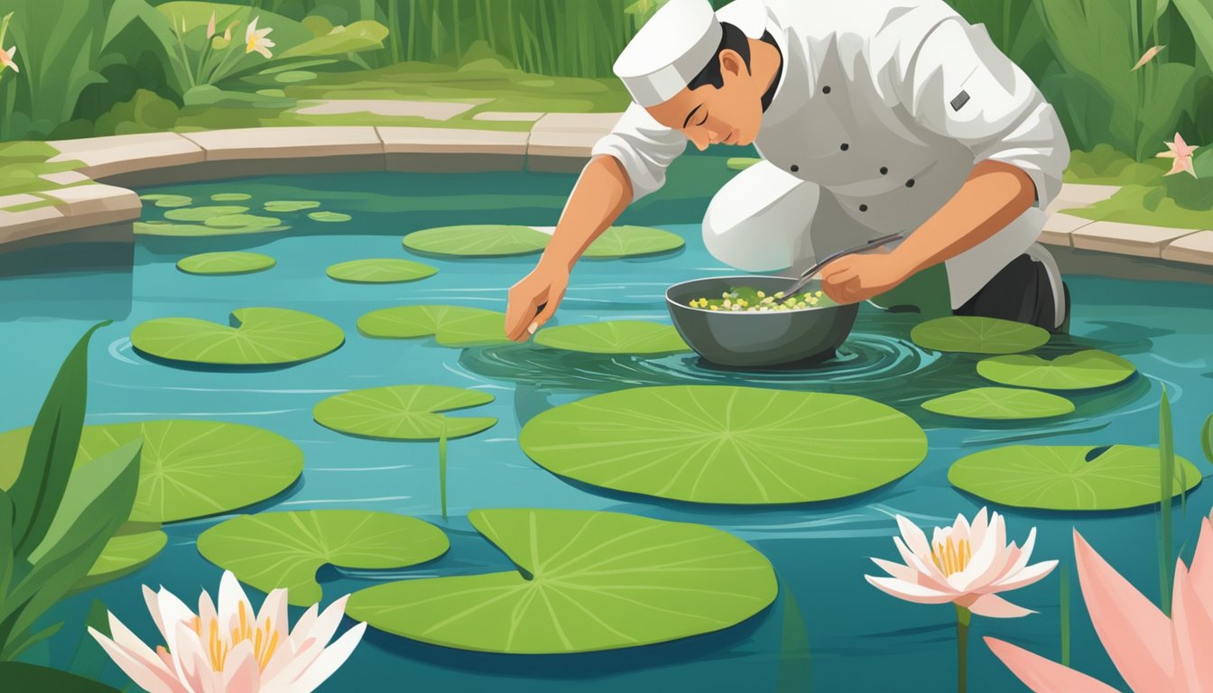 A chef carefully plucks fresh lily pads and delicate flowers from a serene pond, preparing to incorporate them into a dish