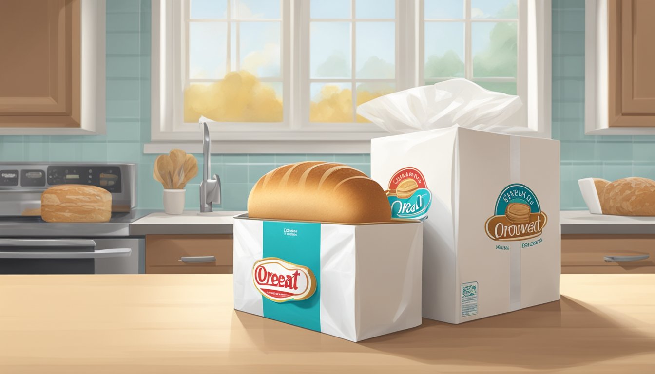 A loaf of Oroweat bread sits on a clean, organized kitchen counter next to a bread box. The bread is wrapped in a plastic bag and the bread box is closed, keeping the bread fresh