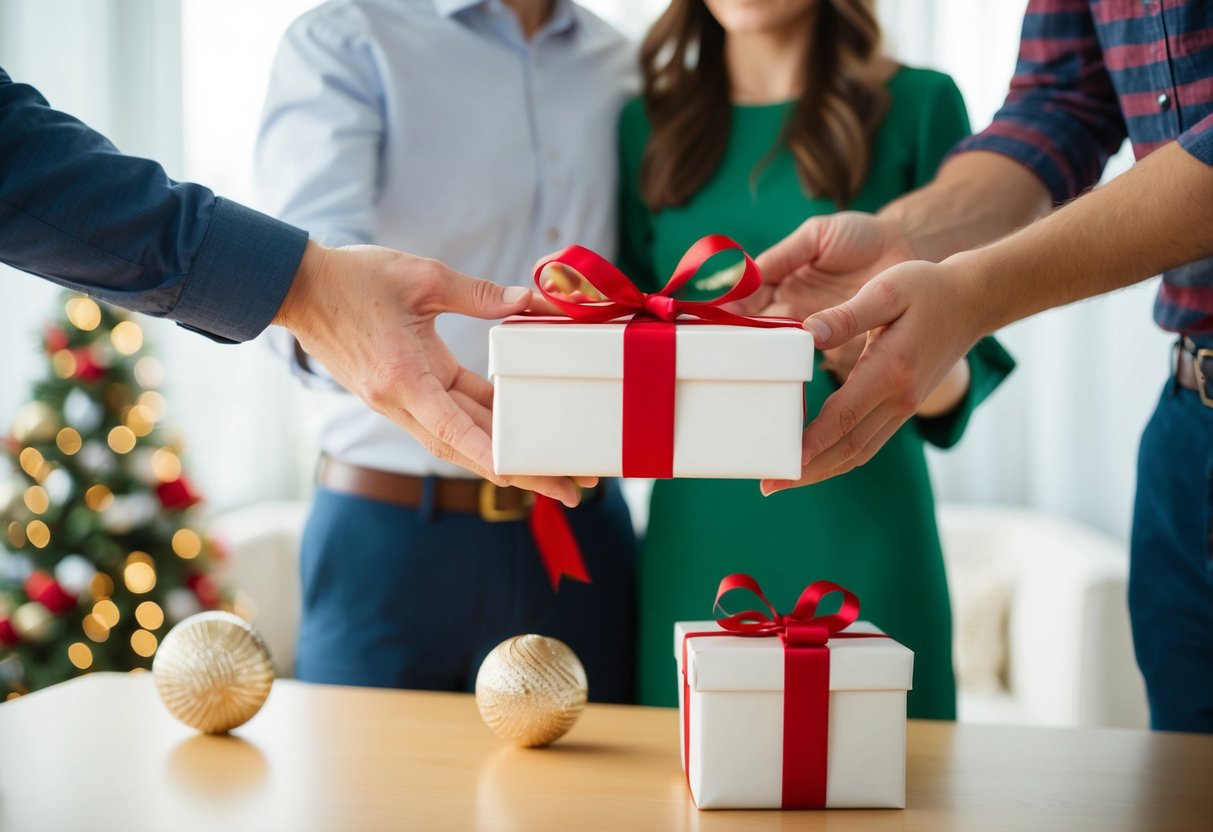 A person handing a gift not on the registry to a couple, who look surprised but happy