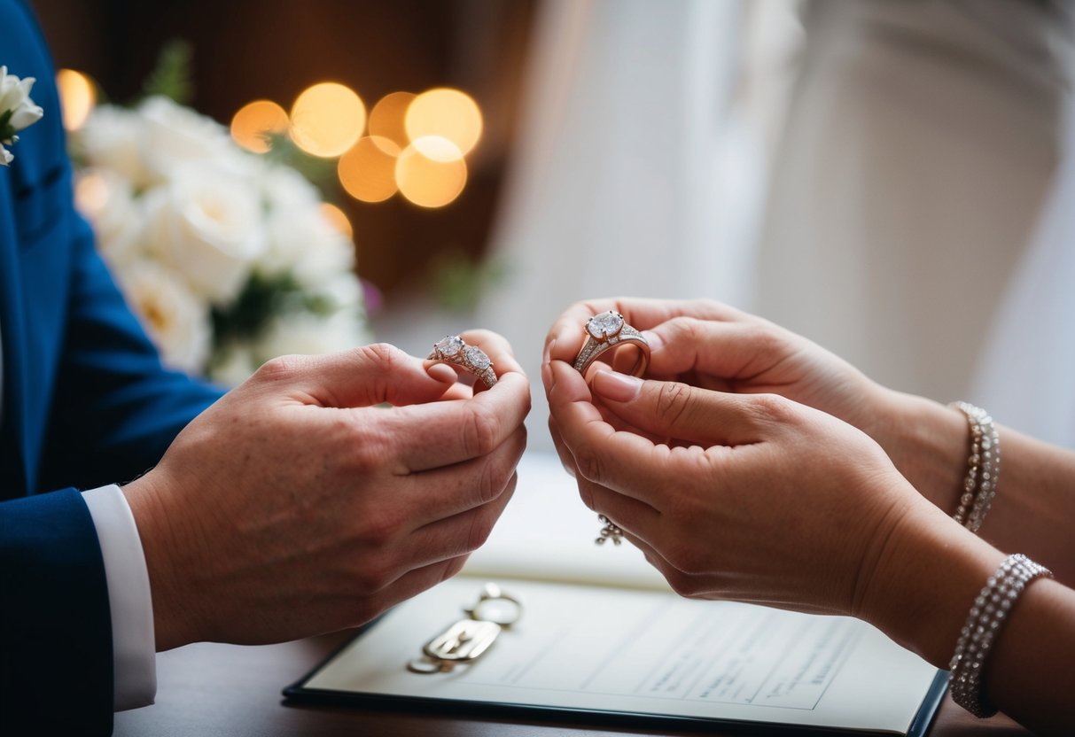A couple's hands exchanging wedding rings at a marriage registry