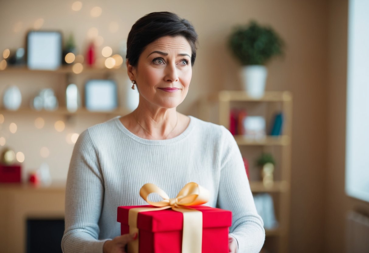 A person receiving a gift not on their registry with a hesitant expression