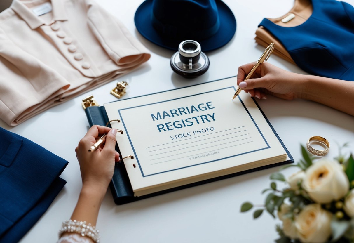 A table with a marriage registry book and pen, surrounded by elegant clothing options and accessories