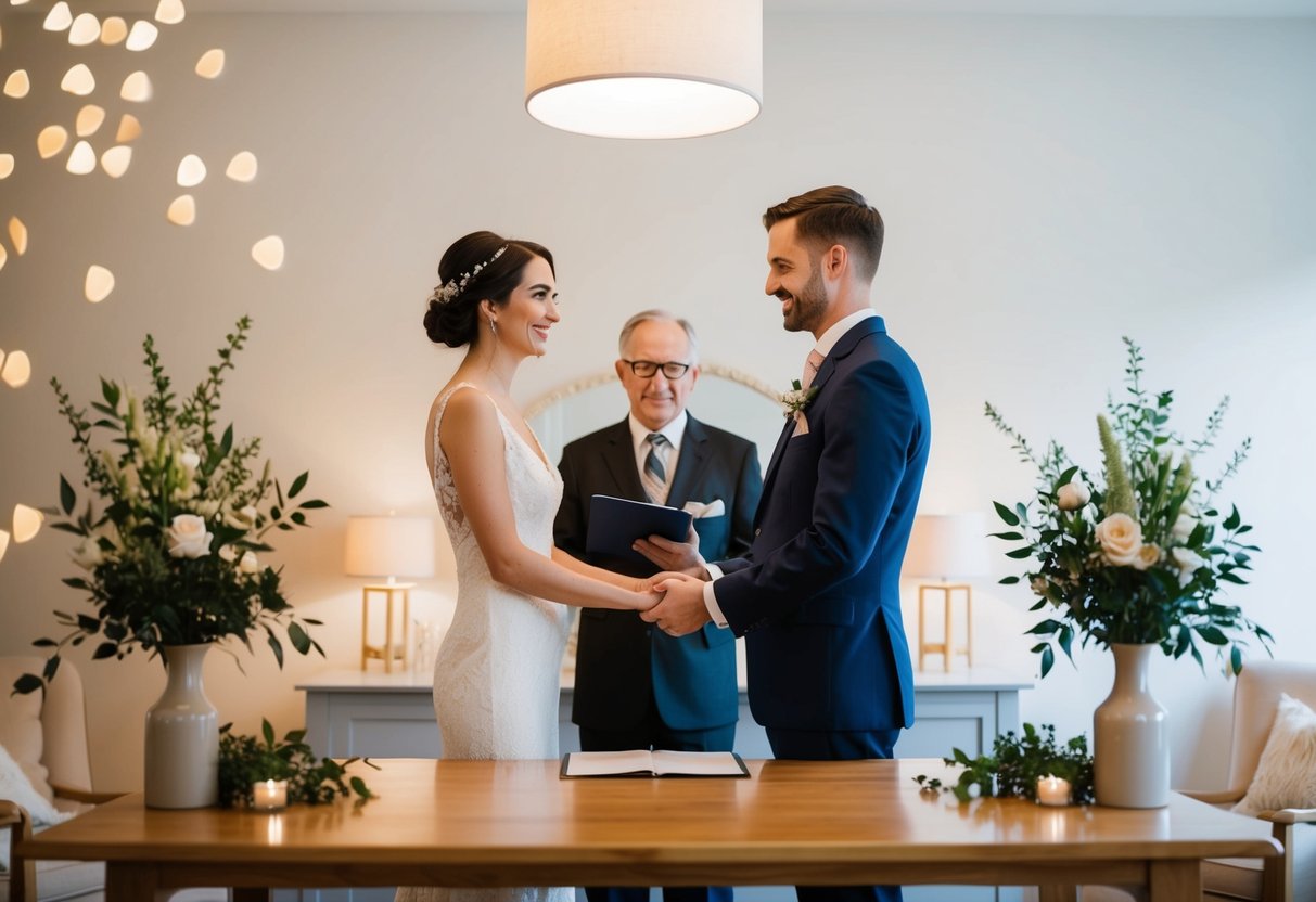 A cozy, intimate marriage registry with a couple standing before an official, surrounded by simple decor and soft lighting