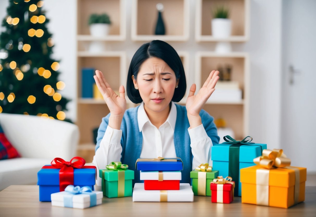 A person receiving a gift not on their registry with a disappointed expression while surrounded by items from their registry