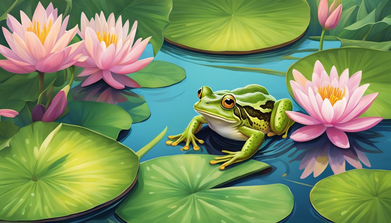 A frog delicately perches on a lily pad, its long tongue reaching out to catch a passing insect. The vibrant green pad floats on the still surface of a pond, surrounded by colorful water lilies and tall reeds