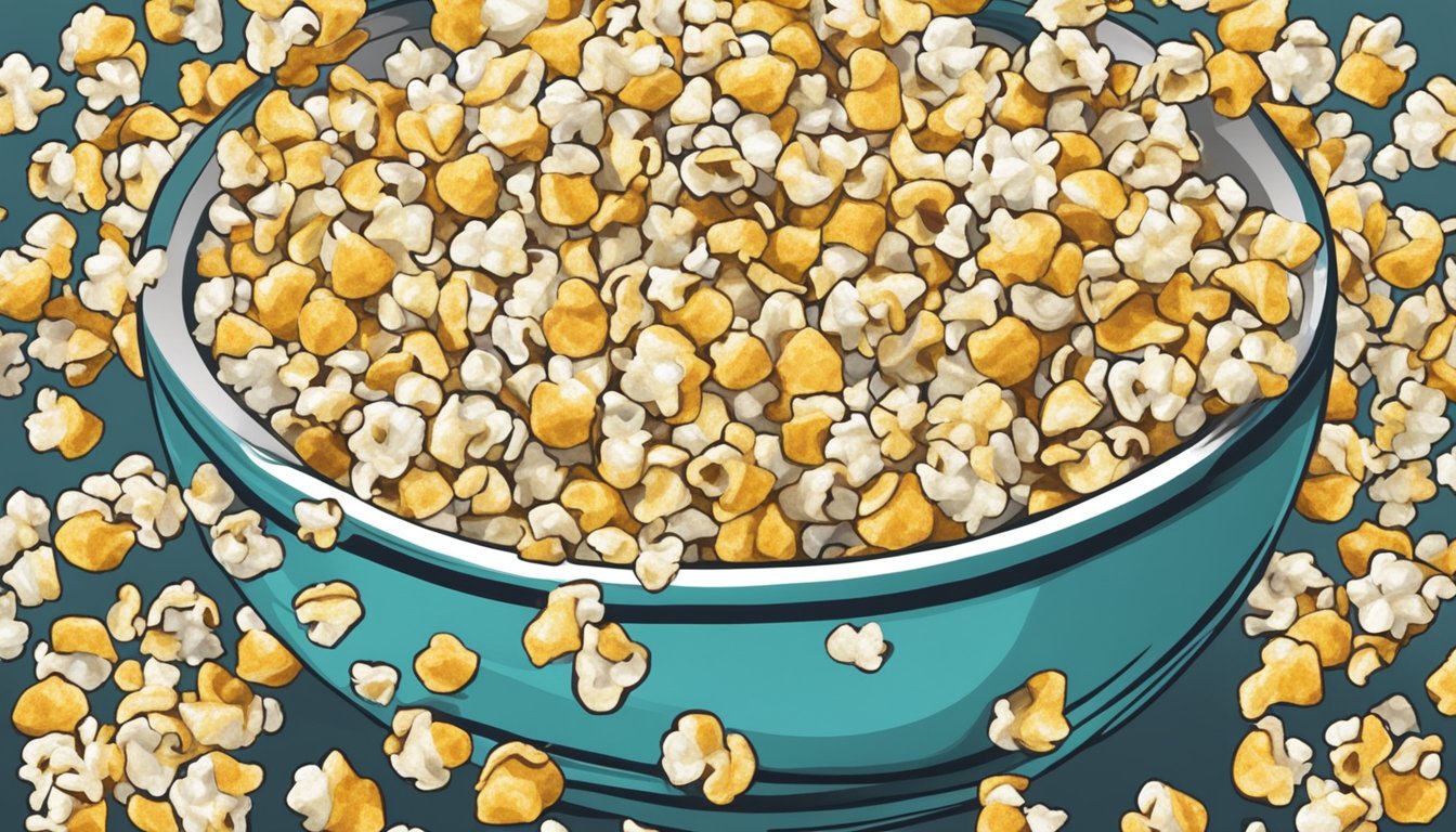 A hand pouring expired popcorn kernels into a bowl, with some kernels appearing discolored and shriveled