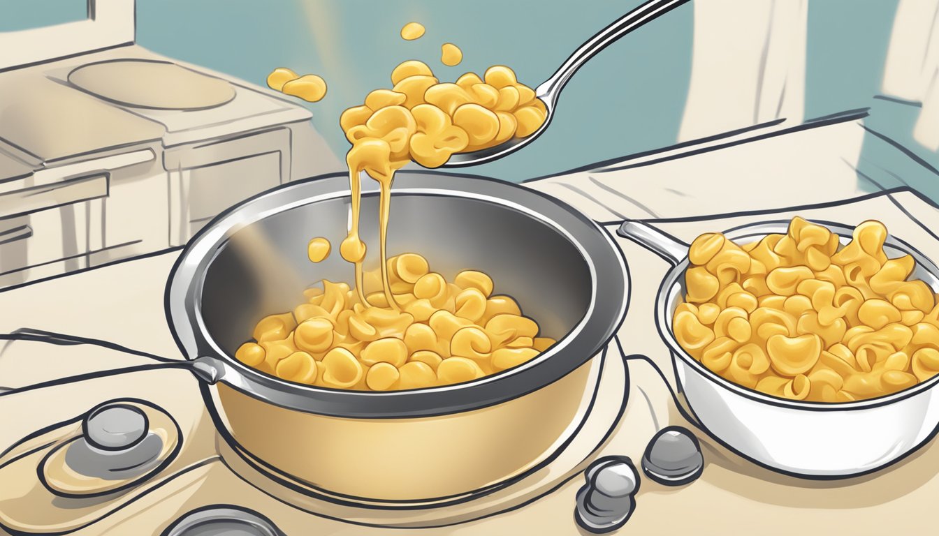 A steaming pot of Velveeta Shells and Cheese being stirred with a spoon