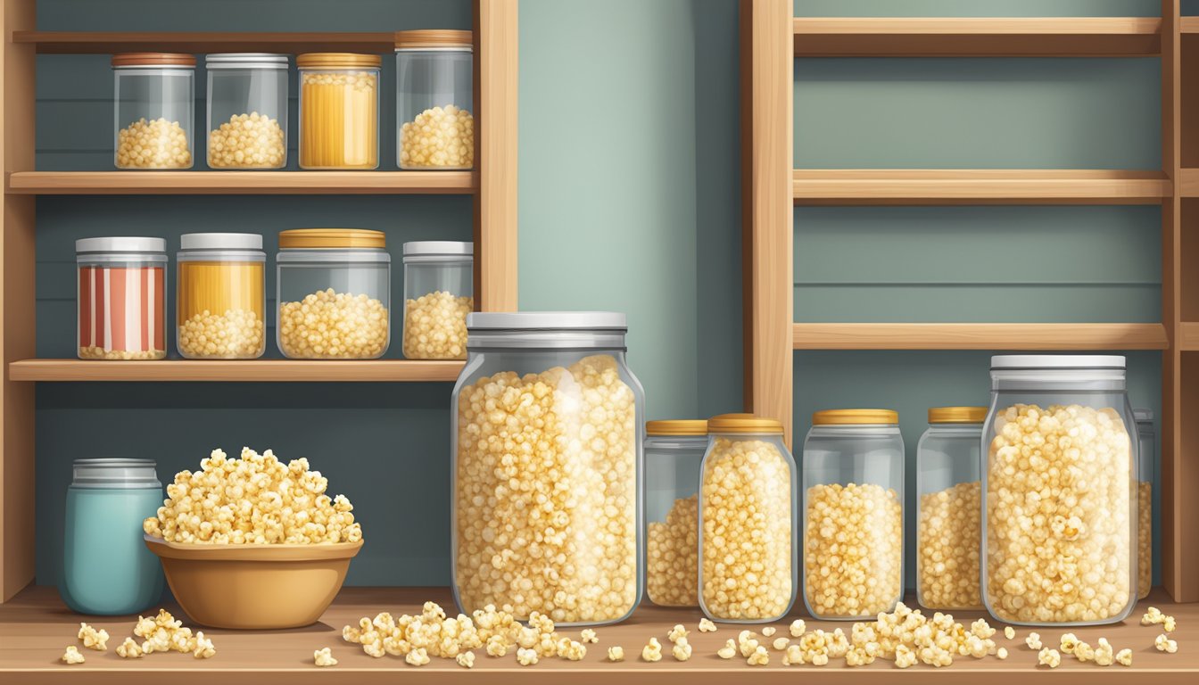 A sealed jar of expired popcorn kernels next to a pile of fresh, unopened popcorn bags on a clean, organized pantry shelf