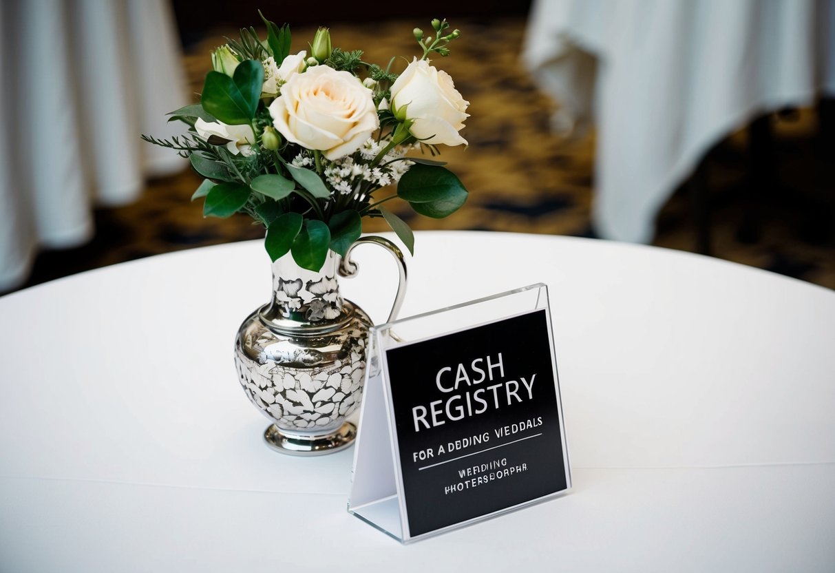 A table with a white tablecloth and a decorative vase of flowers. A cash registry with a sign indicating it's for a wedding