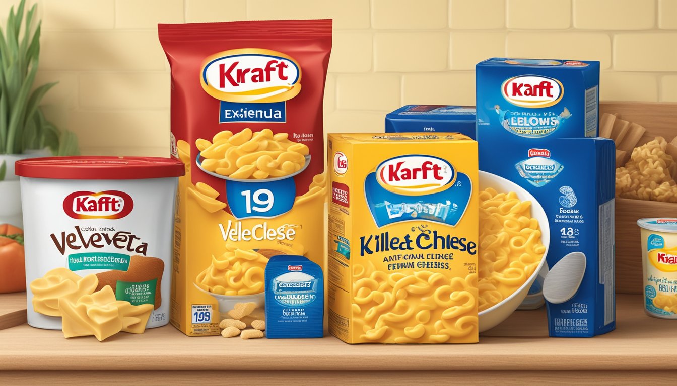 A box of Kraft Velveeta Shells & Cheese sits on a pantry shelf, surrounded by other food items. The expiration date is visible on the packaging