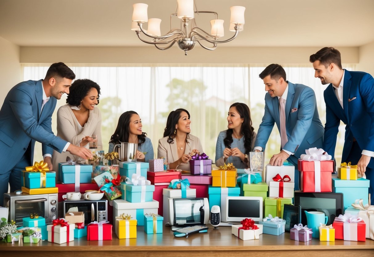 A table overflowing with gifts, from kitchenware to electronics, surrounded by anxious couples debating what to add to their already extensive wedding registry