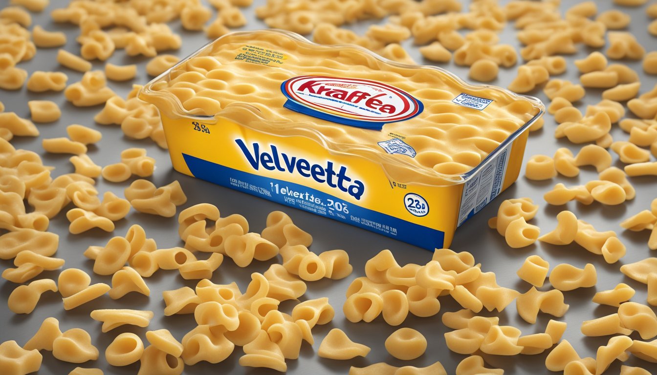 A box of Kraft Velveeta shells and cheese with a visible expiration date