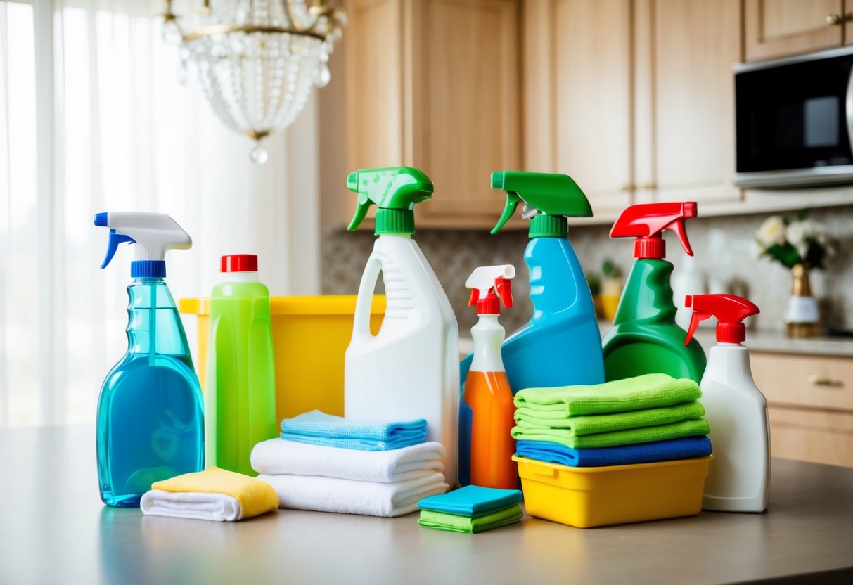 A beautifully decorated wedding registry with cleaning supplies neatly arranged alongside other household items