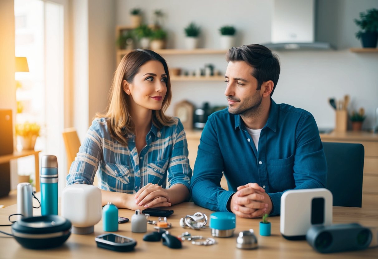 A couple sits at a table, surrounded by various household items and gadgets. They are carefully considering their options, with a look of contemplation on their faces
