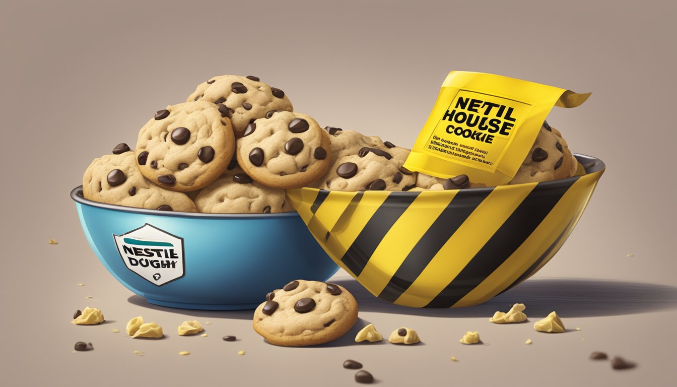 A bowl of Nestlé Toll House cookie dough with a concerned expression on its face, surrounded by caution tape and a warning sign