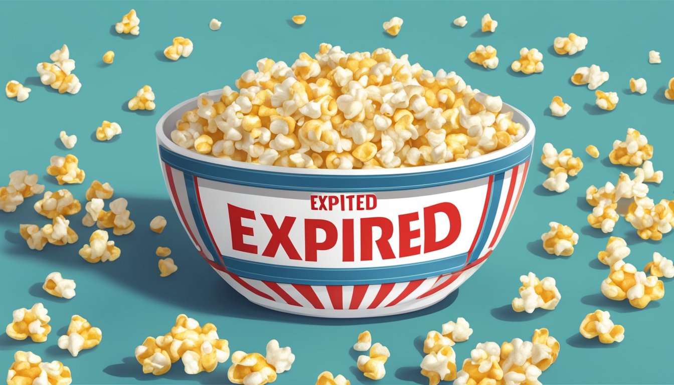 A pile of expired popcorn kernels with a bold "expired" label, next to a fresh batch of popcorn in a bowl