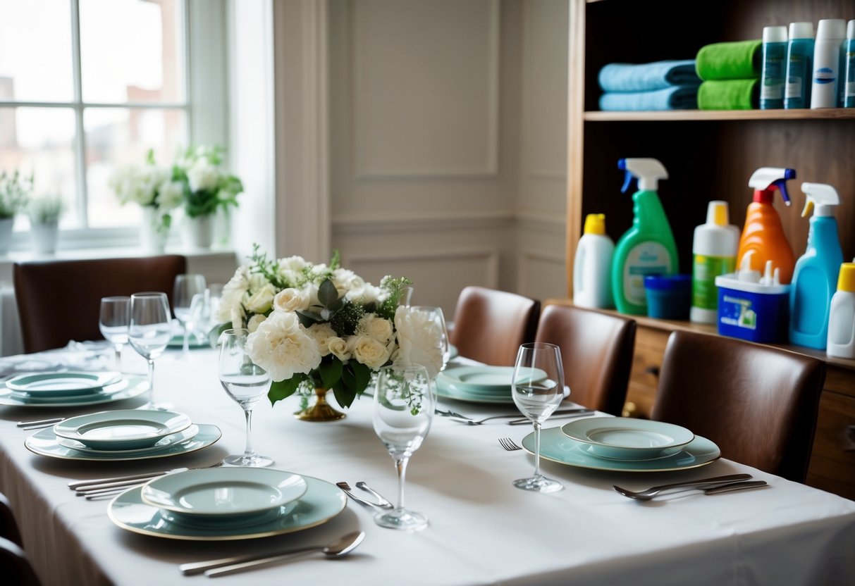 A beautifully set dining table with elegant dinnerware, glassware, and silverware. A variety of high-quality cleaning supplies neatly arranged on a nearby shelf