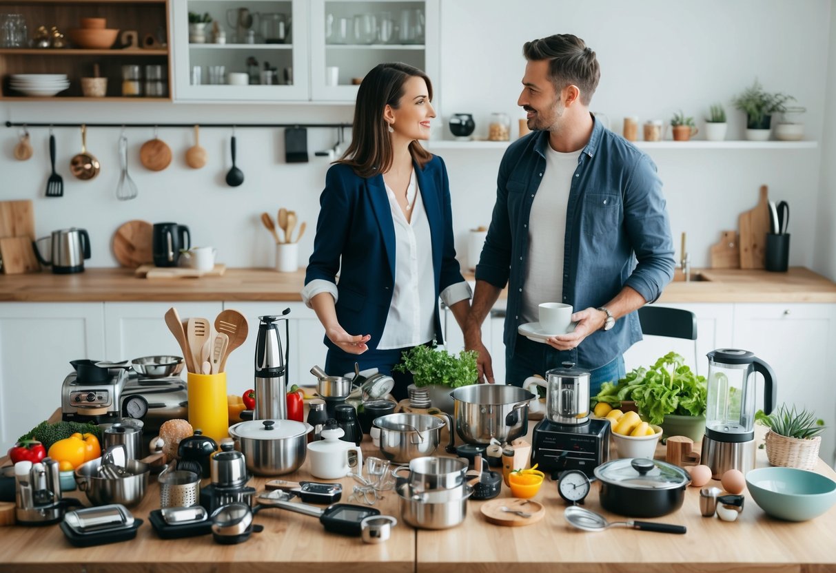 A table overflowing with an assortment of kitchen gadgets, home decor, and travel experiences. A couple debates the balance between practicality and excess