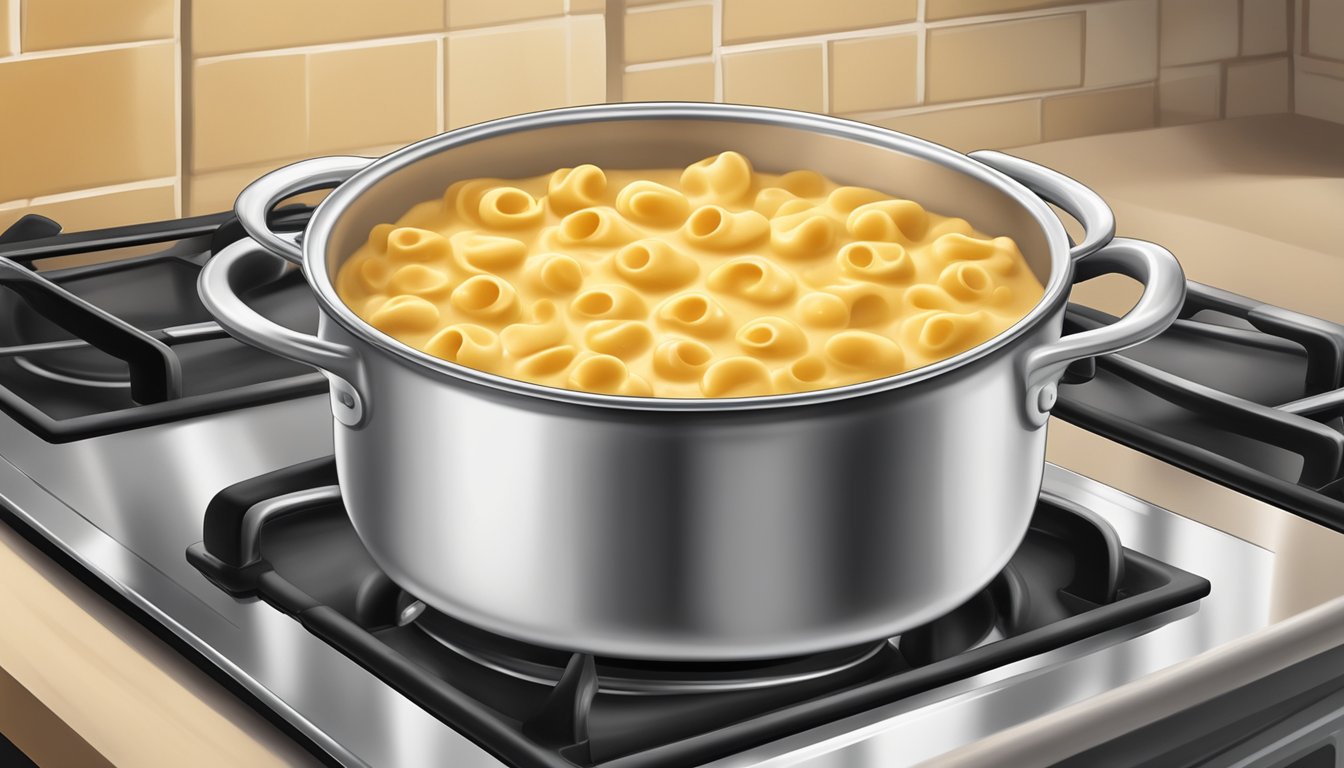 A pot of boiling water with uncooked Kraft Velveeta shells and cheese on a stovetop