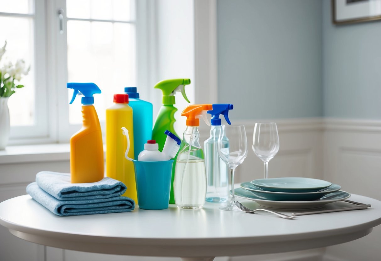 A table with neatly arranged cleaning supplies next to elegant dinnerware and linens