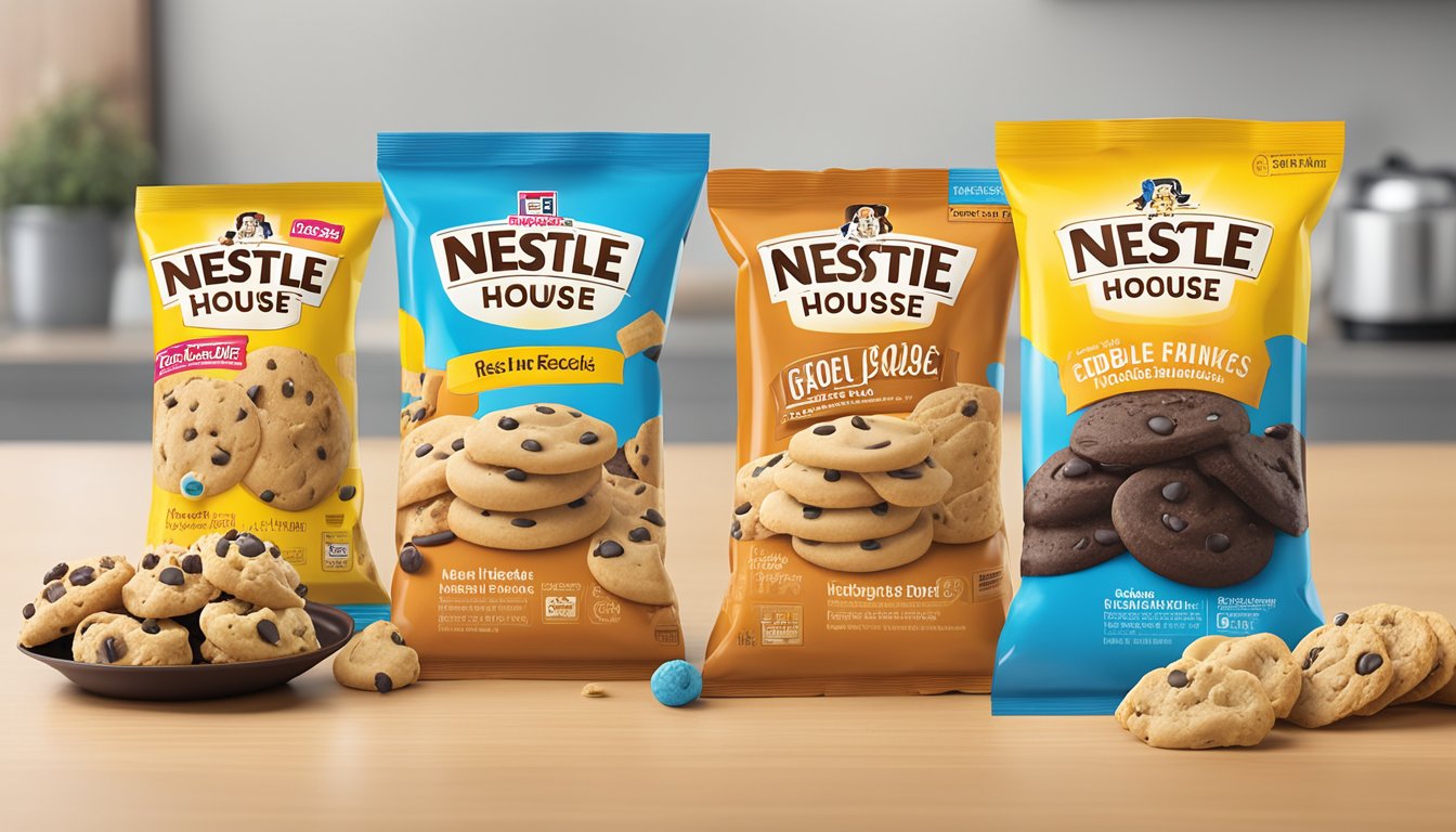 A variety of edible cookie dough flavors displayed on a table with Nestlé Toll House packaging in the background