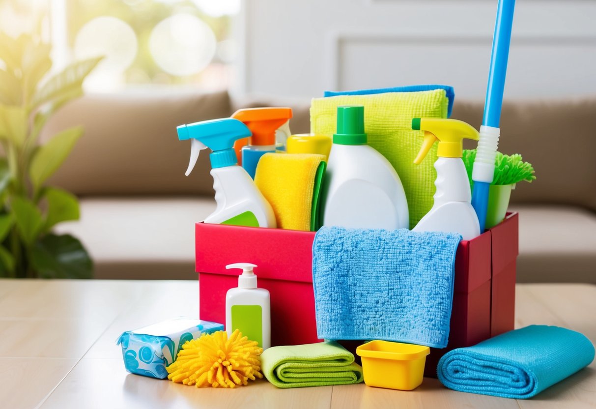 A beautifully wrapped gift box filled with various cleaning supplies such as eco-friendly detergents, microfiber cloths, and a stylish mop and bucket set