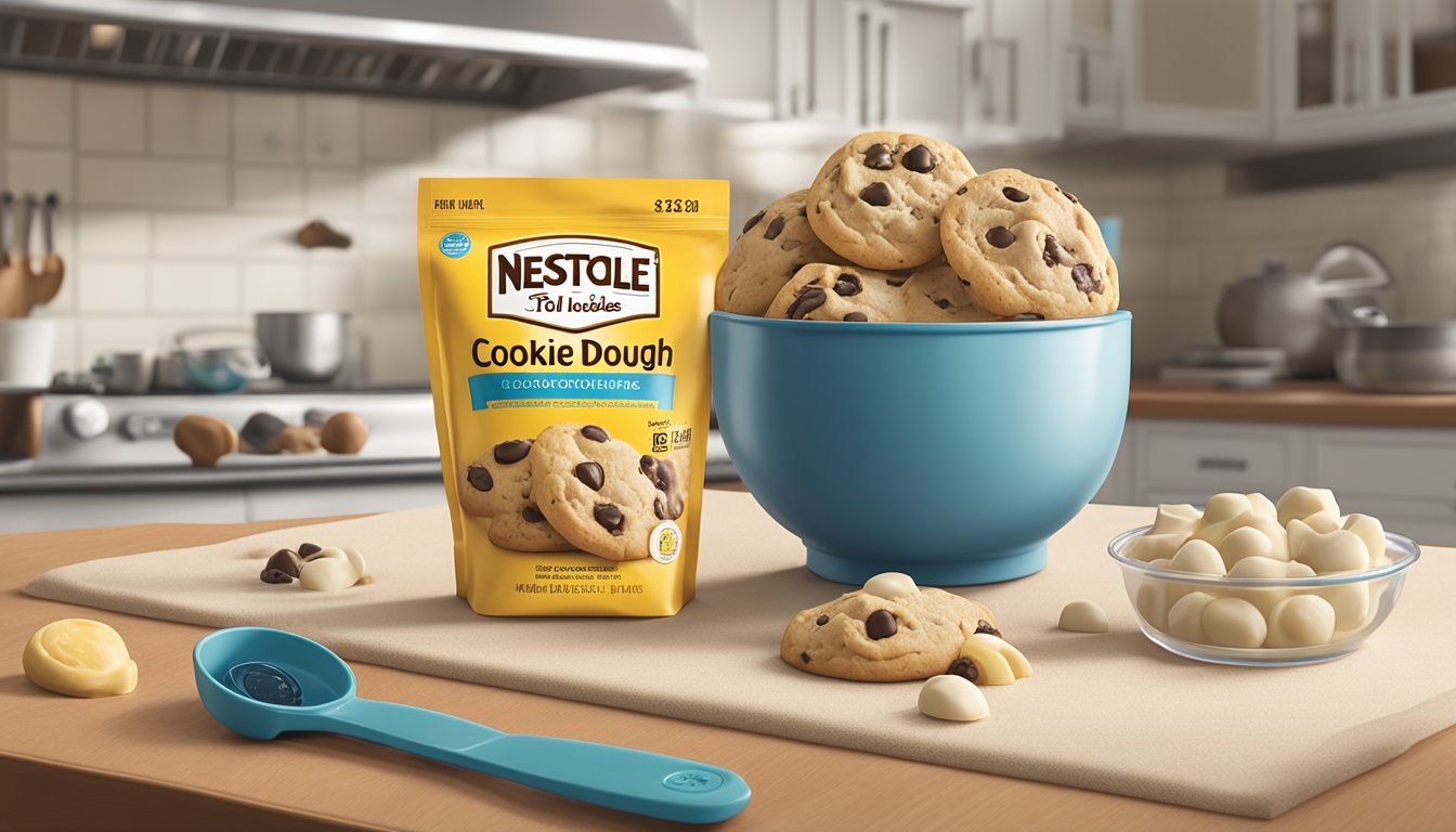 A package of Nestlé Toll House cookie dough sits unopened on a clean kitchen counter, surrounded by measuring cups and a mixing bowl