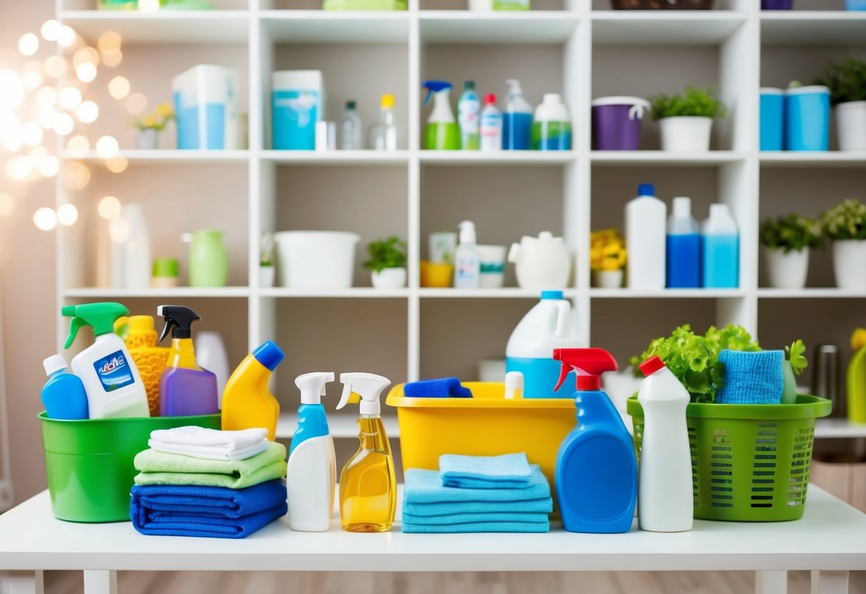 A beautifully arranged wedding registry with a variety of household items, including cleaning supplies, neatly organized on shelves and tables