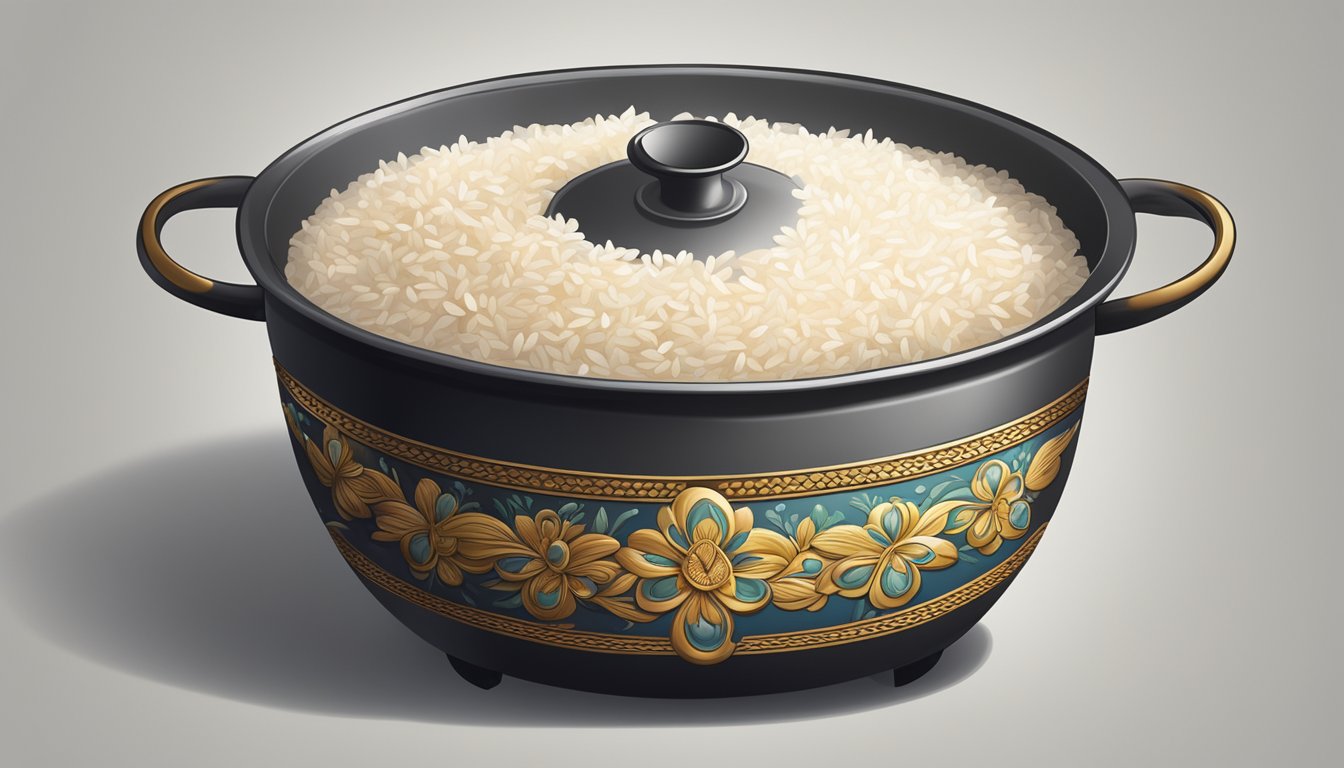 A pot of undercooked lundberg rice with a slightly firm texture, steam rising from the grains