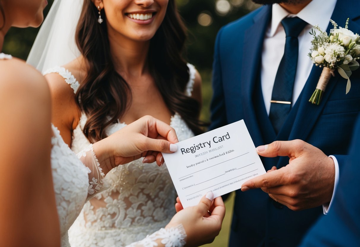 A couple points to a registry card at their wedding