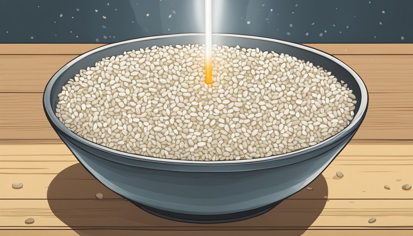 A bowl of undercooked Lundberg rice with a thermometer showing unsafe temperature. Bacteria lurking around the rice grains