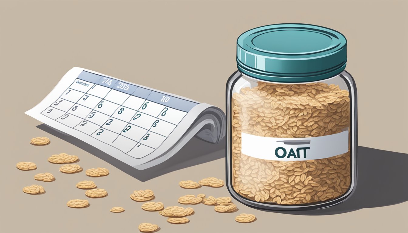 A jar of expired rolled oats sits on a kitchen counter next to a calendar showing the date of expiration. A question mark hovers over the oats