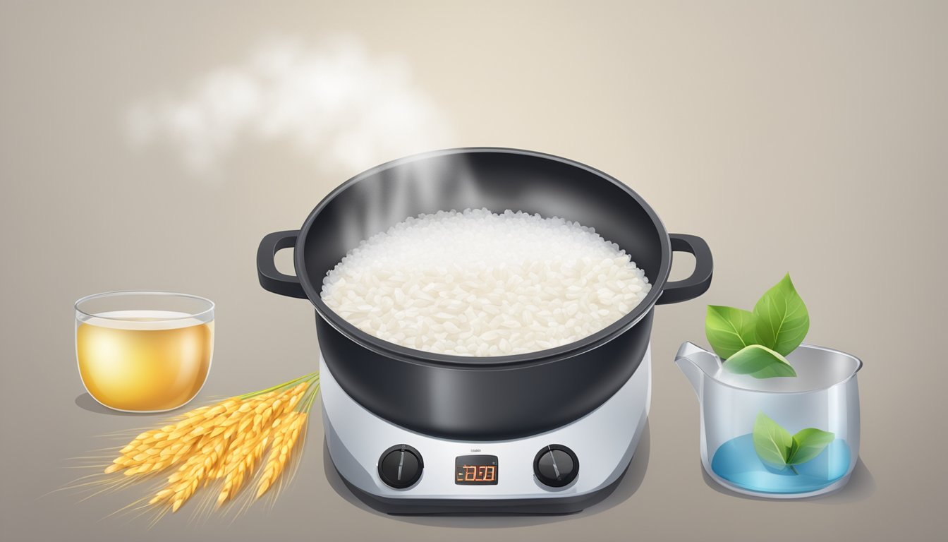 A pot of boiling water with rice grains floating and a timer set