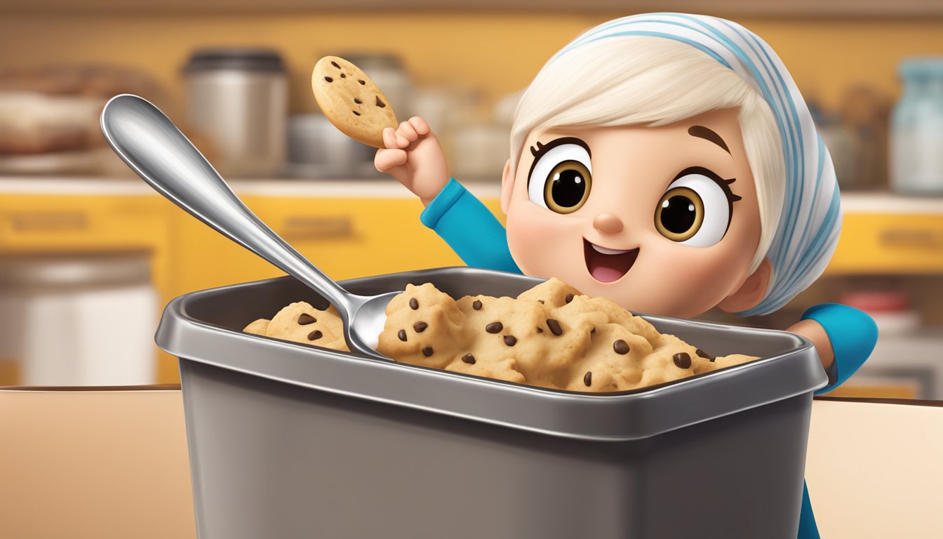 A spoonful of Nestle Toll House cookie dough being scooped out of the container, with a playful, mischievous expression on the face of the person holding the spoon