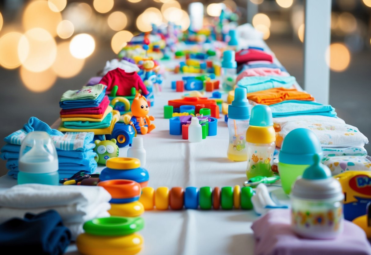 A large array of baby items displayed on a long table. Toys, clothing, diapers, bottles, and other essentials neatly organized