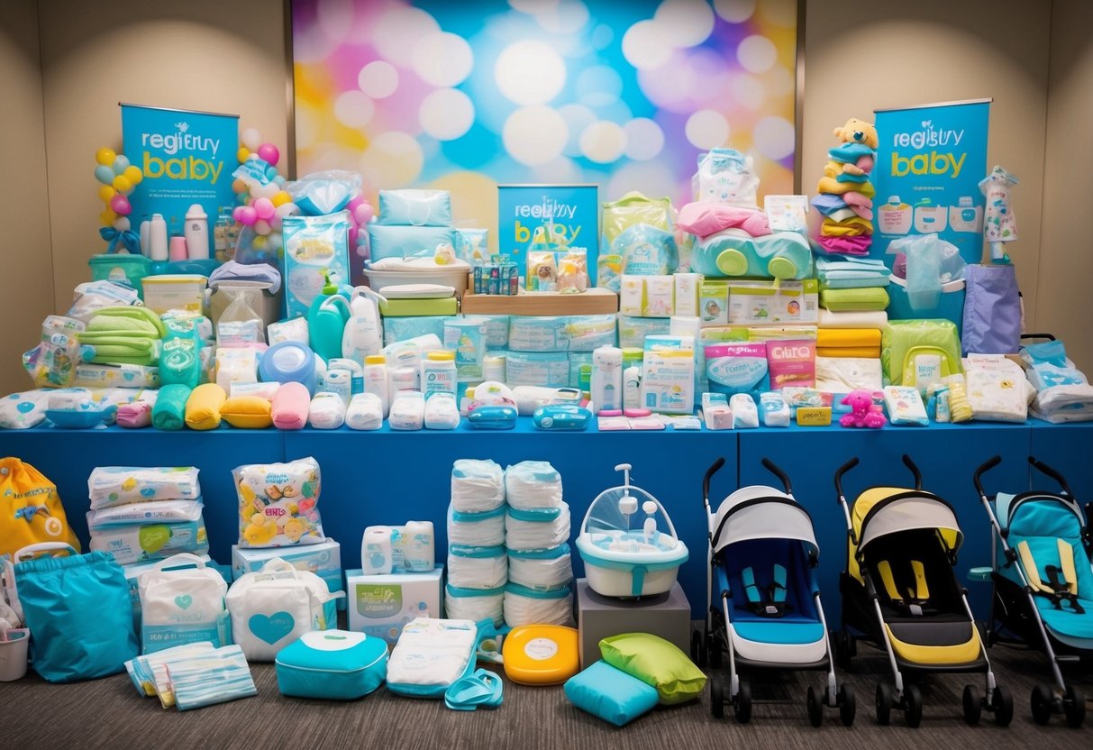 A colorful array of baby items, from diapers to strollers, fill a large registry display, showcasing the overwhelming options for new parents